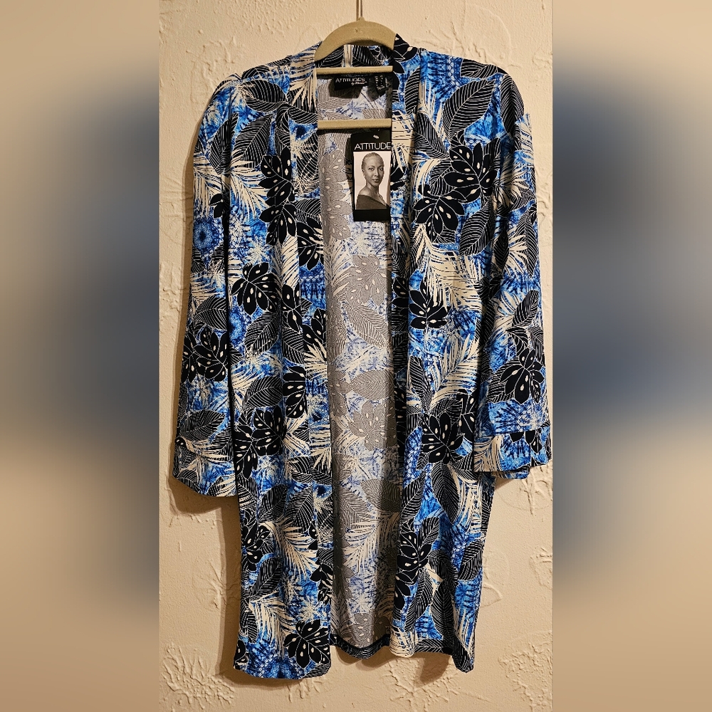 Attitudes By Renee Blue Leaf Print Kimono Cardigan XS NWT